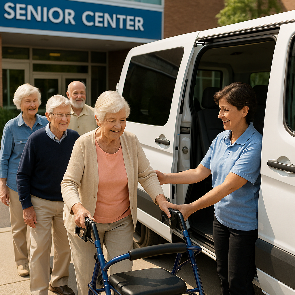 Charter provider for senior centers in Massachusetts helping elderly passengers board a wheelchair-accessible van