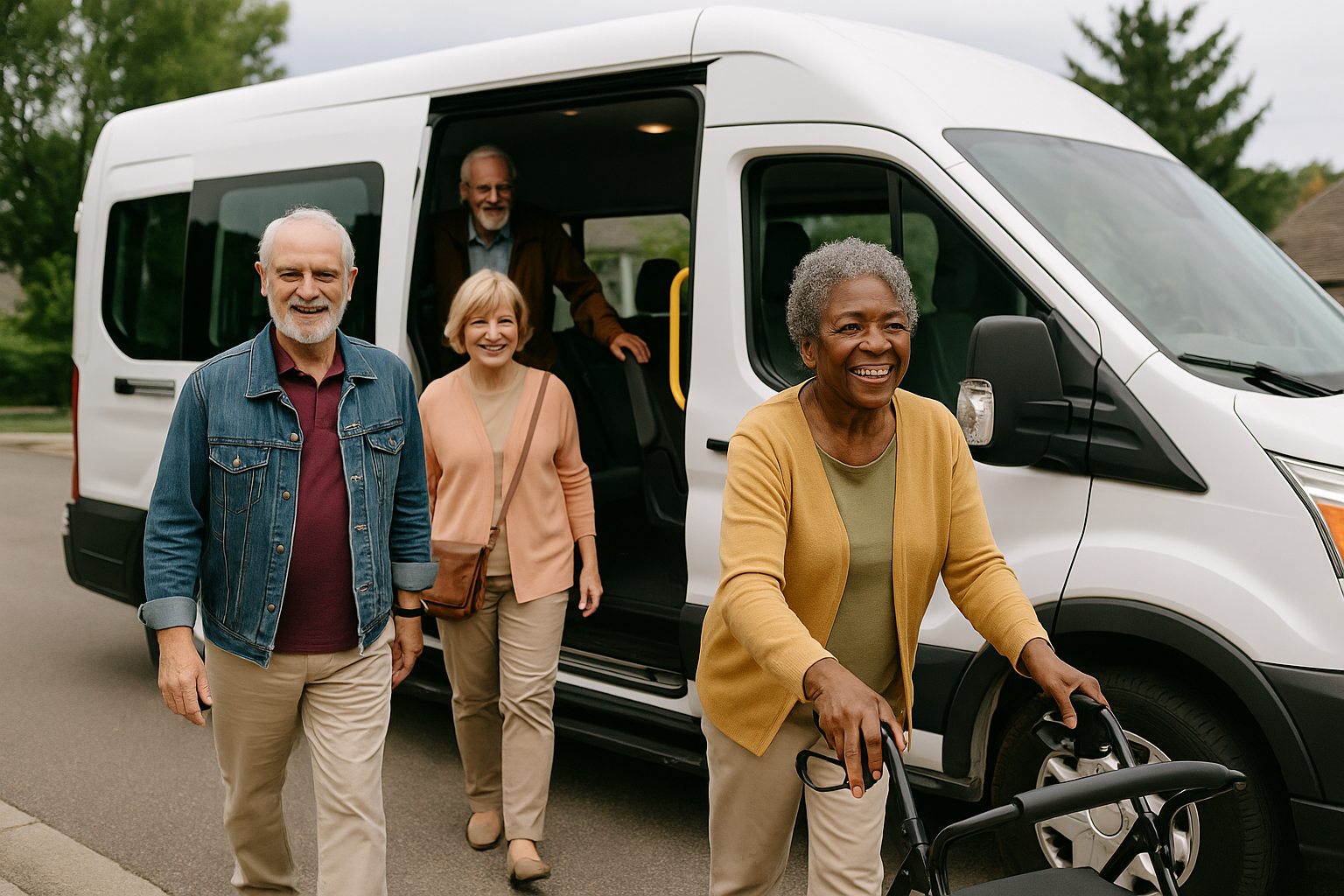 Elderly passenger boarding a wheelchair-accessible van in Massachusetts during seasonal senior transportation service